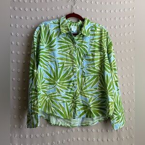 Sigrid Olsen‎ 100% Linen Palm Print Button Up Long Sleeve Sz L Blue Green